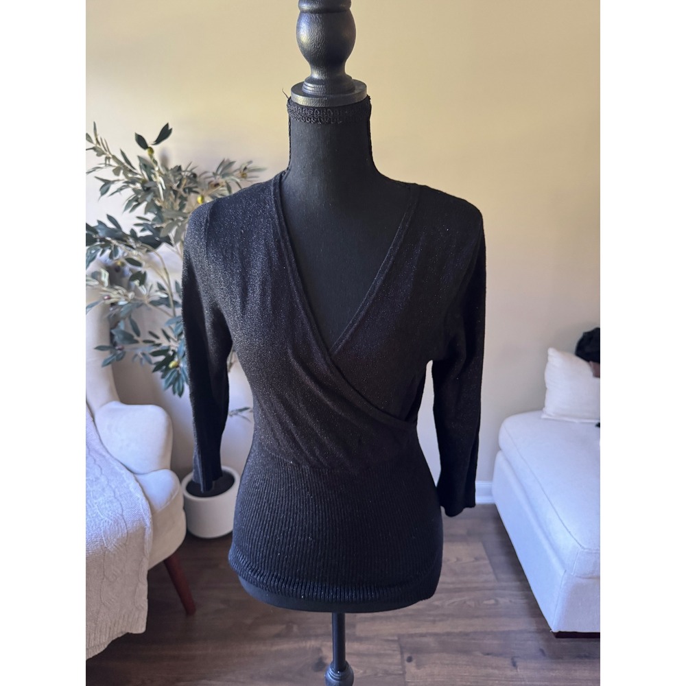 Cool Attitudes Womens Black Metallic Wrap V-Neck Ribbed Knit Sweater Medium